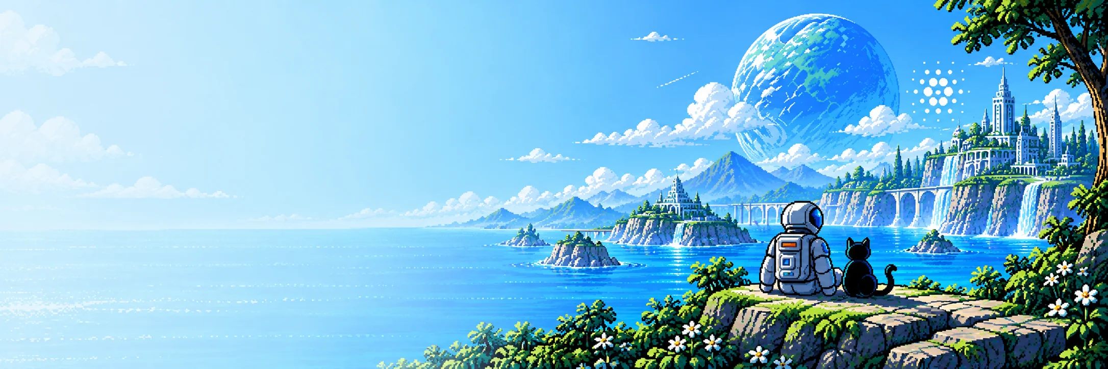 Pixel-art illustration of an astronaut and a black cat sitting on a flower-covered cliff overlooking a bay toward a distant futuristic city, waterfalls and a large planet, representing exploring the Cardano ecosystem.